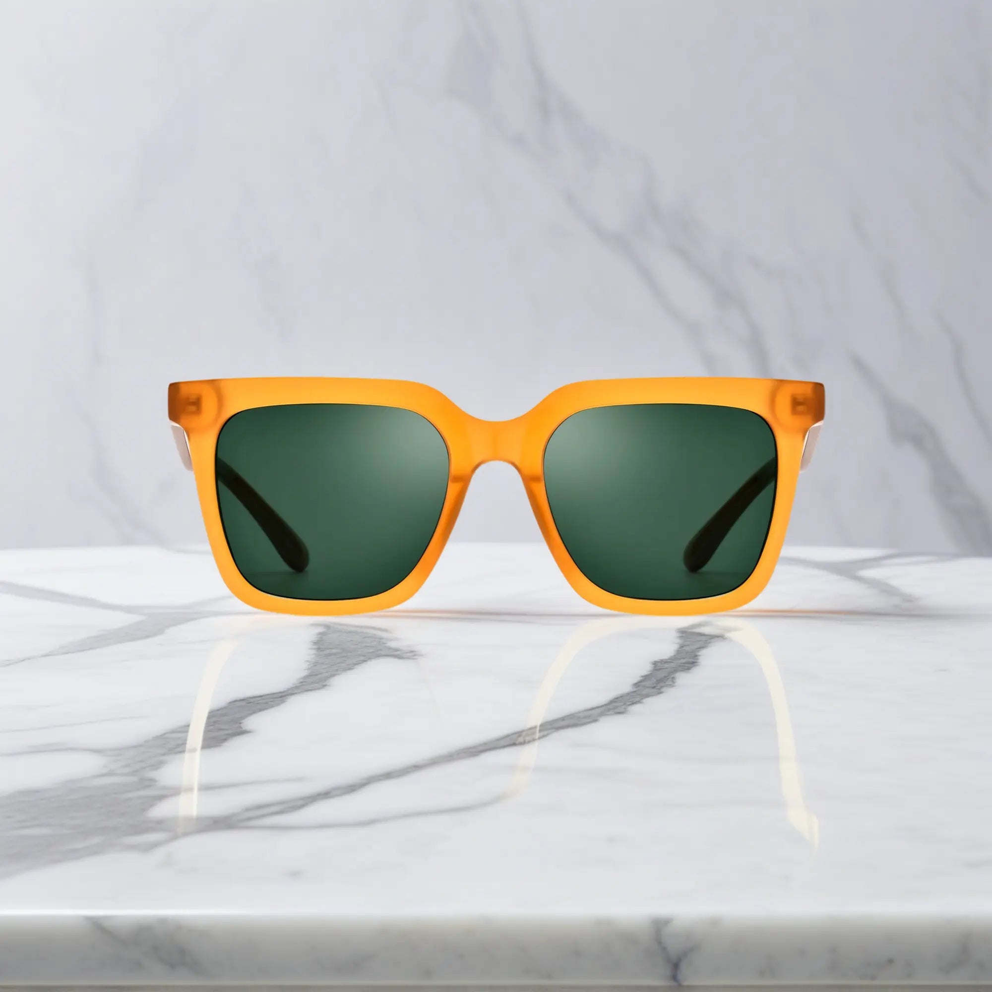 amber yellow frame square sunglasses front view with uv400 lens and size details by VoyueLens